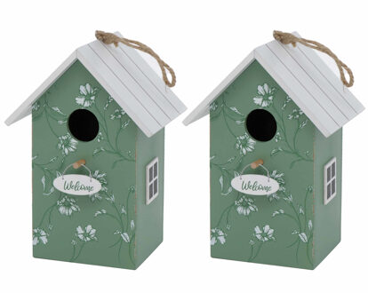 Deco by Boltze 2x Vogelhuisje/nestkastjes groen/wit hout 22 cm - Vogelhuisjes Multikleur