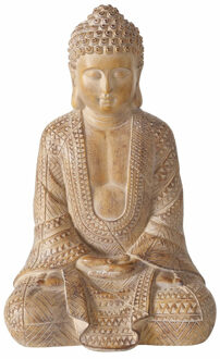 Deco by Boltze Boeddha beeld Legolas - binnen/buiten - kunststeen - antiek beige - 19 x 13 x 30 cm