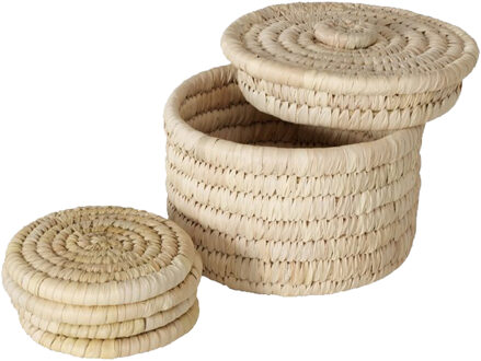 Deco by Boltze glazen onderzetters - 5x - zeegras - naturel - 11 x 11 cm - rond - in opbergmandje