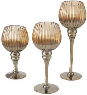 Deco by Boltze Kaarsenhouders/windlichten - set van 3x stuks - brons transparant - 20-30 cm