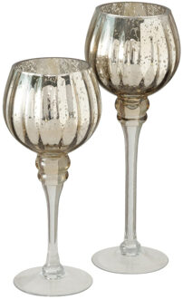 Deco by Boltze Luxe glazen design kaarsenhouders/windlichten set van 2x stuks metallic champagne 25-30 cm Goudkleurig