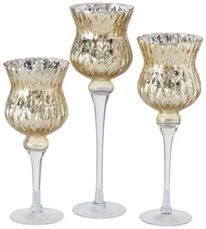 Deco by Boltze Luxe glazen design kaarsenhouders/windlichten set van 3x stuks metallic goud 30-40 cm