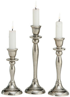 Deco by Boltze Metalen design kaarsenhouder/kandelaars set van 3x stuks zilver 14, 18 en 21 cm - kaars kandelaars Zilverkleurig