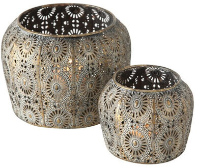 Deco by Boltze Metalen design kaarsenhouders/windlichtjes antiek goud set van 2x stuks 10 en 13 cm hoog