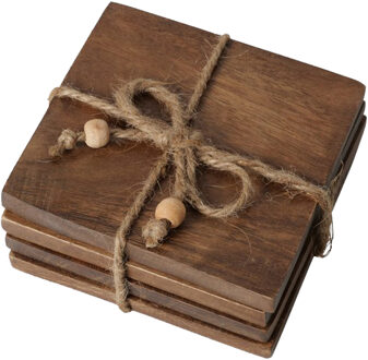 Deco by Boltze onderzetters voor glazen - 4x - luxe mangohout - 10 x 10 cm - vierkant - gelakt