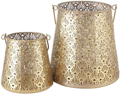 Deco by Boltze Set van 2x stuks windlichten antiek goud van metaal 14.5 en 21 cm - Windlichten Goudkleurig