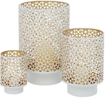 Deco by Boltze Windlichten - 3x - metaal - wit / goudkleurig