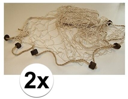 Deco visnet met kurken - 2x - 200 x 150 cm - Naturel kleur - strand thema decoratie net