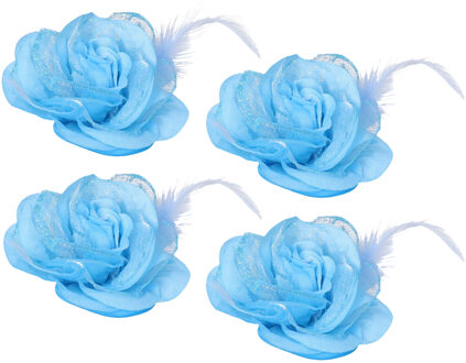 Decobloem voor het haar met elastiek en speld - 4x - blauw - ongeveer 8 cm