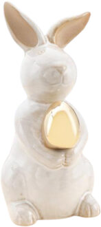 Decoratie beeld paashaas - gouden ei - wit - porselein - 16cm