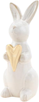 Decoratie beeld paashaas - gouden hart - wit - porselein - 15cm