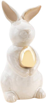 Decoratie beeld paashaas / konijn - gouden ei - wit - porselein - 13 cm - paasdecoratie