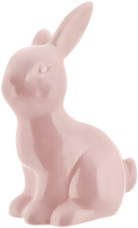Decoratie beeld paashaas / konijn - zittend - roze - porselein - 16 cm - paasdecoratie