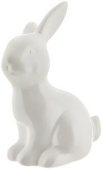 Decoratie beeld paashaas - zittend - wit - porselein - 16 cm