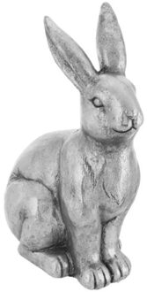 Decoratie beeld paashaas - zittend - zilver - magnesium - 42 cm - haas / konijn - paasdecoratie