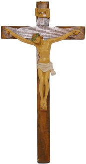Decoratie beeldje - jezus aan kruis - 25 x 13 cm - PVC en hout - kerstversiering
