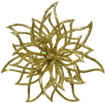 Decoratie bloem - goud - op clip - 14 cm - glitter - kerstversiering Goudkleurig