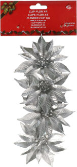 Decoratie bloemen - op clip - 4x - zilver - 9,5 cm - kunststof - kerstbloemen