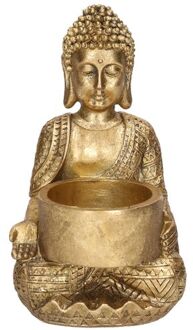 Decoratie boeddha beeldje met theelichthouder goud zittend 14 cm - Waxinelichtjeshouders Goudkleurig
