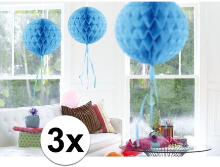 Decoratie bol - 3x - blauw - 30 cm - crepe papier - versiering - feestversiering