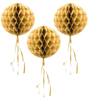 Decoratie bol - 3x - gold - 30 cm - crepe papier - versiering - feestversiering