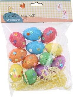 Decoratie eieren/ paaseieren met glitter en bloem detail - 12x - piepschuim - Feestdecoratievoorwerp