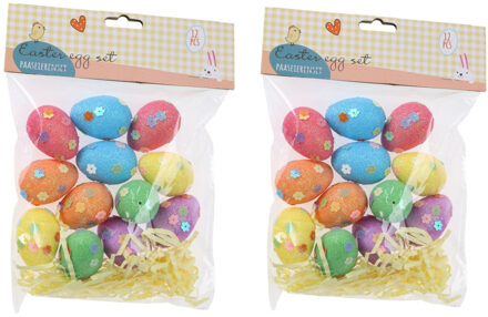 Decoratie eieren/ paaseieren met glitter en bloem detail - 24x - piepschuim - Feestdecoratievoorwerp