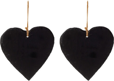 Decoratie hartje - 2x - met ophanglus - leisteen - 16 x 16 cm - krijtbordje hanger