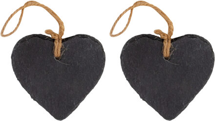 Decoratie hartje - 2x - met ophanglus - leisteen - 8 x 8 cm - krijtbordje hanger