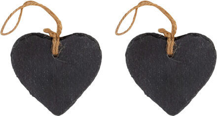 Decoratie hartje - 2x - met ophanglus - leisteen - 8 x 8 cm - krijtbordje hanger