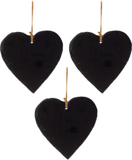 Decoratie hartje - 3x - met ophanglus - leisteen - 16 x 16 cm - krijtbordje hanger