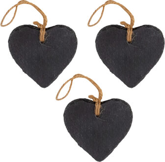 Decoratie hartje - 3x - met ophanglus - leisteen - 8 x 8 cm - krijtbordje hanger