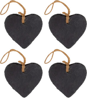 Decoratie hartje - 4x - met ophanglus - leisteen - 8 x 8 cm - krijtbordje hanger