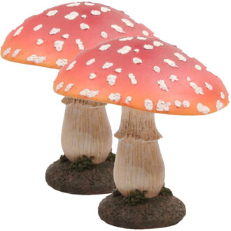 Decoratie huis/tuin beeldje paddenstoel - 2x - vliegenzwam - rood/wit - 17 x 21 cm