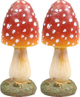 Decoratie huis/tuin beeldje paddenstoel - 2x - vliegenzwam - rood/wit - 7 x 18 cm