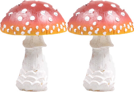 Decoratie huis/tuin beeldje paddenstoel - 2x - vliegenzwam - rood/wit - 8 x 10 cm