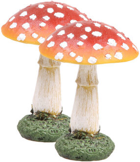 Decoratie huis/tuin beeldje paddenstoel - 2x - vliegenzwam - rood/wit - 9 x 13 cm