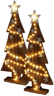 Decoratie kerstbomen - 2x - hout - met LED verlichting - H54 cm - 50 micro lampjes - warm wit