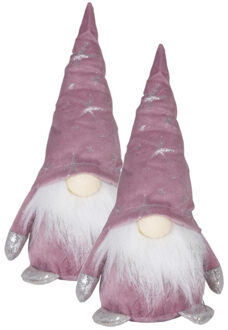 Decoratie kerstman gnome poppen - 2x - 13 cm - roze - pluche - dwerg/kabouter