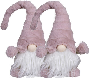 Decoratie kerstman gnome poppen - 2x - 34 cm - lichtroze muts - pluche - dwerg/kabouter