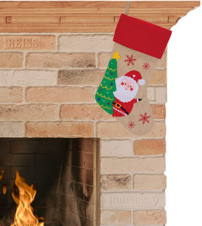 Decoratie kerstsok beige/rood met kerstman print 46 cm