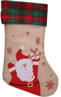Decoratie kerstsok - met kerstman - H42 cm - jute/polyester