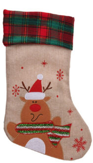 Decoratie kerstsok - met rendier - H42 cm - jute/polyester