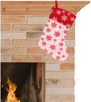 Decoratie kerstsok wit/rood met sneeuwvlokken print 40 cm