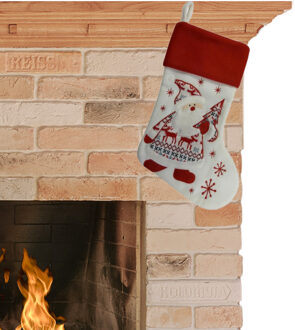 Decoratie kerstsok wit/rood pluche 45 cm kerstversiering