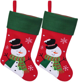 Decoratie kerstsokken - 2x - rood - met sneeuwpop - H45 cm - polyester