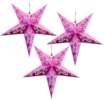 Decoratie kerstster - Set van 3x stuks - lampion - roze - 60 cm - vouwbare ster - kerstversiering