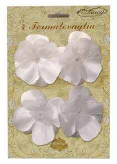 Decoratie klemmetjes met witte bloemen voor tafelkleed 4 stuks
