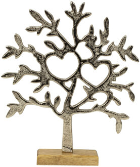 Decoratie levensboom - Tree of Life - aluminium/hout - 23 x 26 cm - zilver kleurig - Beeldjes Zilverkleurig