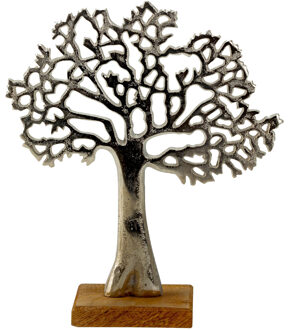 Decoratie levensboom - Tree of Life - aluminium/hout - 23 x 26 cm - zilver kleurig